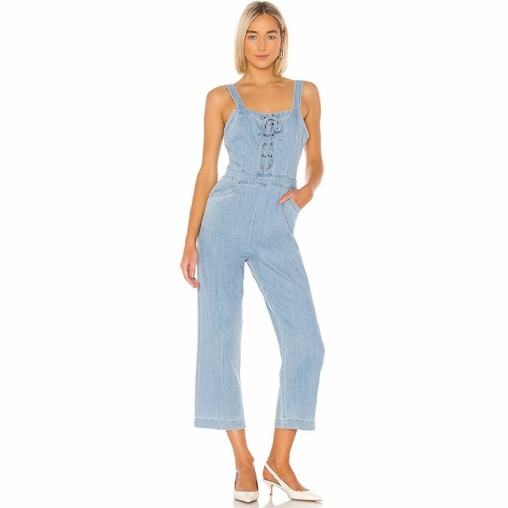 Paige x Revolve November Denim Jumpsuit Overalls Zeila Crop Wide Leg Lace Up XL